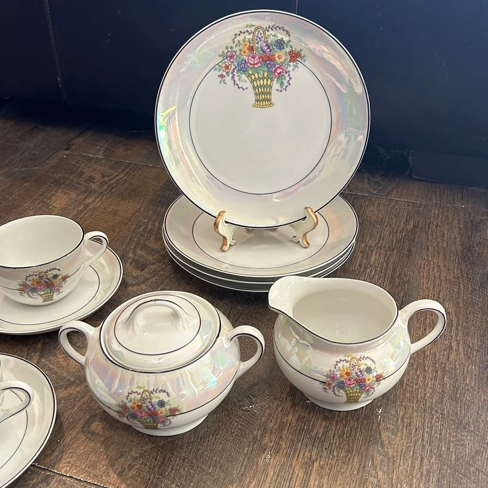Z.S.C. Bavaria Iridescent Floral Porcelain Lunch Plates Tea Cups Saucers Sugar‎